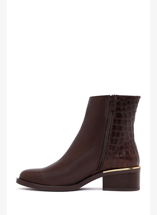 Kadın Kahverengi Fermuarlı Kısa Kalın Topuklu Deri Bot 25WFD360714 - Görsel 3