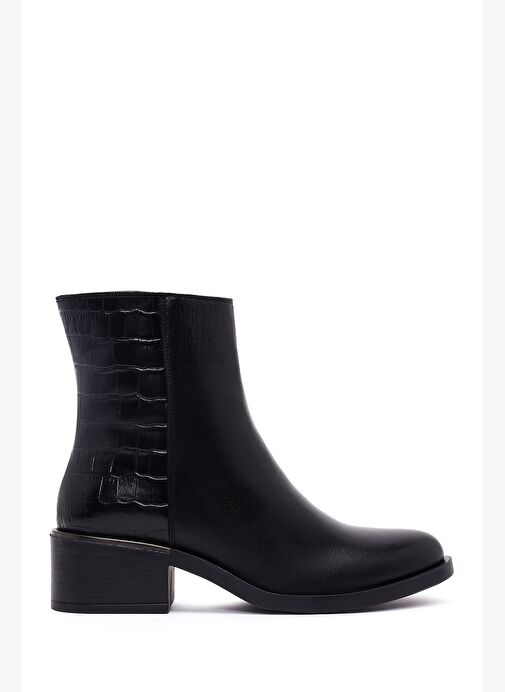 Kadın Siyah Fermuarlı Kısa Kalın Topuklu Deri Bot 25WFD360714 - Görsel 2
