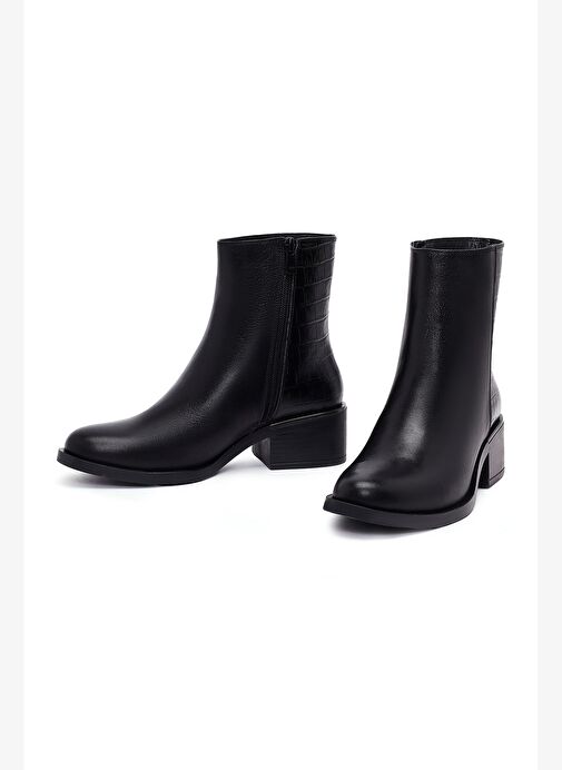 Kadın Siyah Fermuarlı Kısa Kalın Topuklu Deri Bot 25WFD360714 - Görsel 4