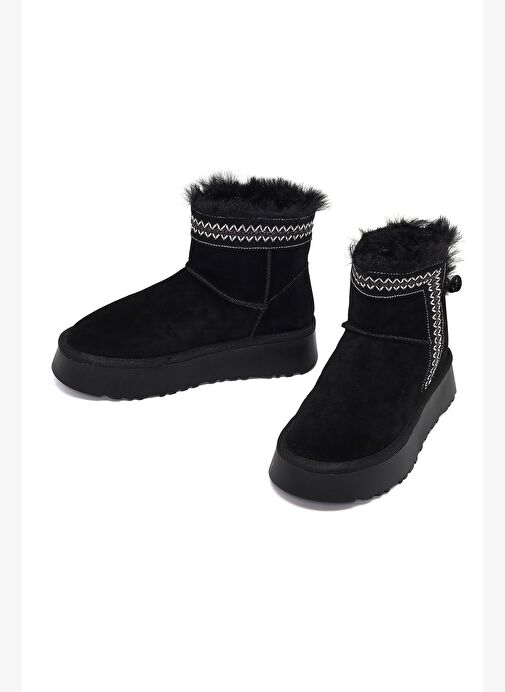 Kadın Siyah Kalın Tabanlı Desenli Süet Deri Teddy Bot 25WFD405410 - Görsel 4