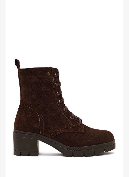 Kadın Kahverengi Fermuarlı Kalın Topuklu Süet Deri Bot 25WFD413410 - Görsel 2