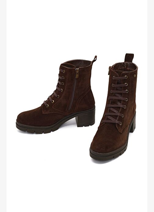 Kadın Kahverengi Fermuarlı Kalın Topuklu Süet Deri Bot 25WFD413410 - Görsel 4