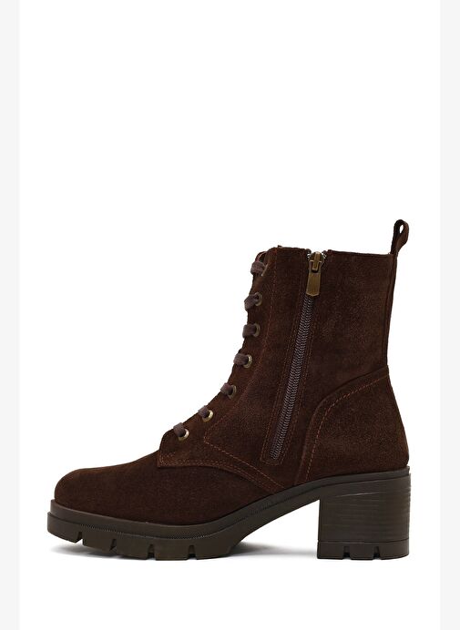 Kadın Kahverengi Fermuarlı Kalın Topuklu Süet Deri Bot 25WFD413410 - Görsel 5