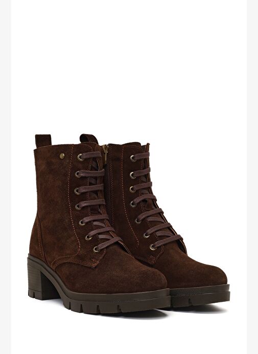 Kadın Kahverengi Fermuarlı Kalın Topuklu Süet Deri Bot 25WFD413410 - Görsel 6