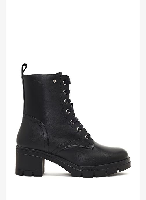 Kadın Siyah Fermuarlı Kalın Topuklu Deri Bot 25WFD413418 - Görsel 2