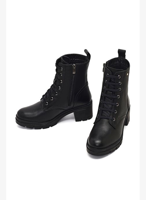 Kadın Siyah Fermuarlı Kalın Topuklu Deri Bot 25WFD413418 - Görsel 4