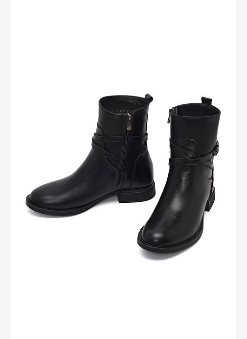 Kadın Siyah Fermuarlı Tokalı Deri Bot 25WFD413718 - Görsel 4