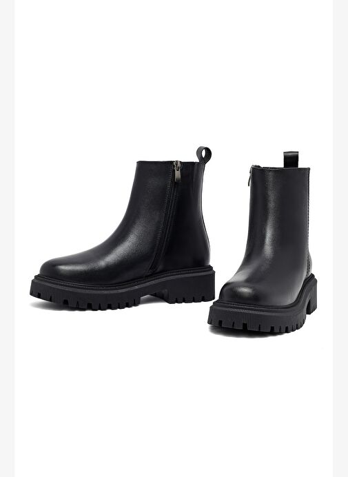 Kadın Siyah Fermuarlı Kalın Tabanlı Deri Bot 25WFD414018 - Görsel 4