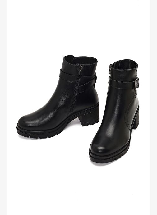 Kadın Siyah Fermuarlı Kalın Topuklu Deri Bot 25WFD414118 - Görsel 4