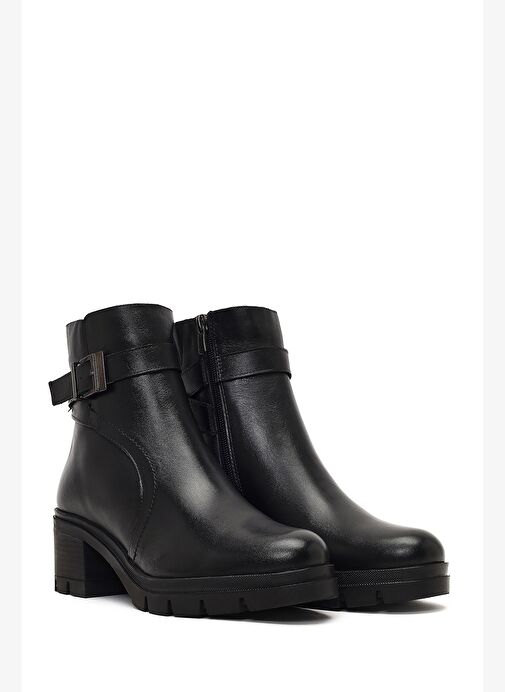 Kadın Siyah Fermuarlı Kalın Topuklu Deri Bot 25WFD414118 - Görsel 6