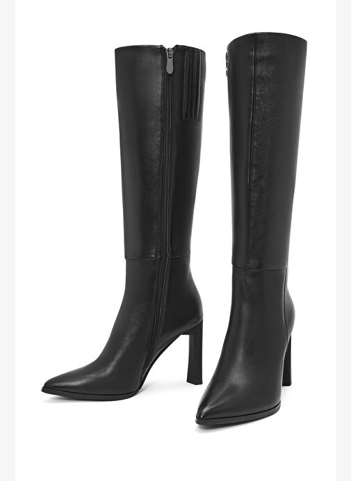 Kadın Siyah Fermuarlı İnce Yüksek Topuklu Deri Çizme 25WFD490218 - Görsel 4
