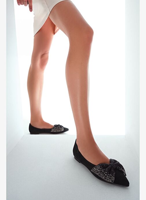 Kadın Siyah Taşlı Süet Deri Babet 25WFD490710 - Görsel 2