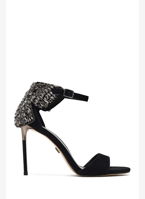 Kadın Siyah Bilekten Tokalı Taşlı Yüksek İnce Topuklu Süet Deri Ayakkabı 25WFD490810 - Görsel 2