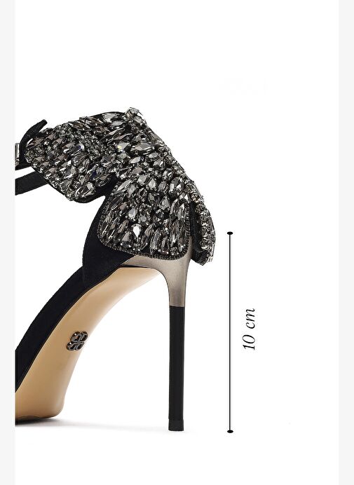 Kadın Siyah Bilekten Tokalı Taşlı Yüksek İnce Topuklu Süet Deri Ayakkabı 25WFD490810 - Görsel 3