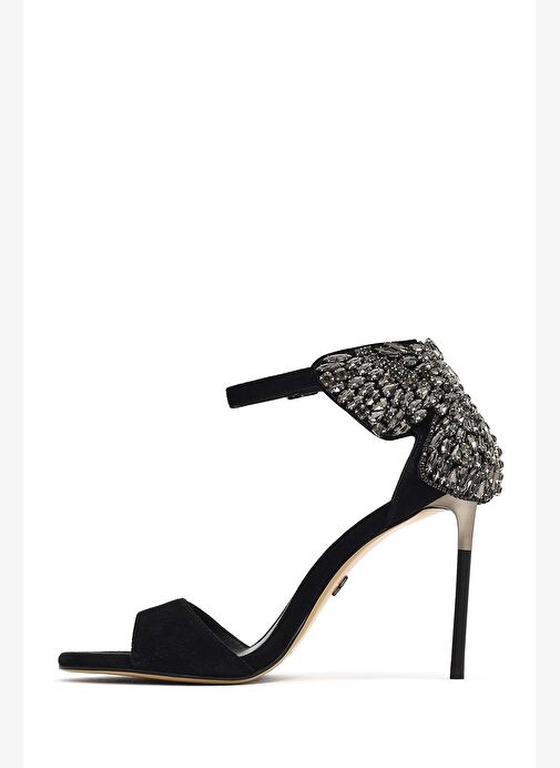 Kadın Siyah Bilekten Tokalı Taşlı Yüksek İnce Topuklu Süet Deri Ayakkabı 25WFD490810 - Görsel 6