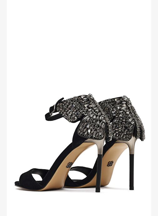 Kadın Siyah Bilekten Tokalı Taşlı Yüksek İnce Topuklu Süet Deri Ayakkabı 25WFD490810 - Görsel 7