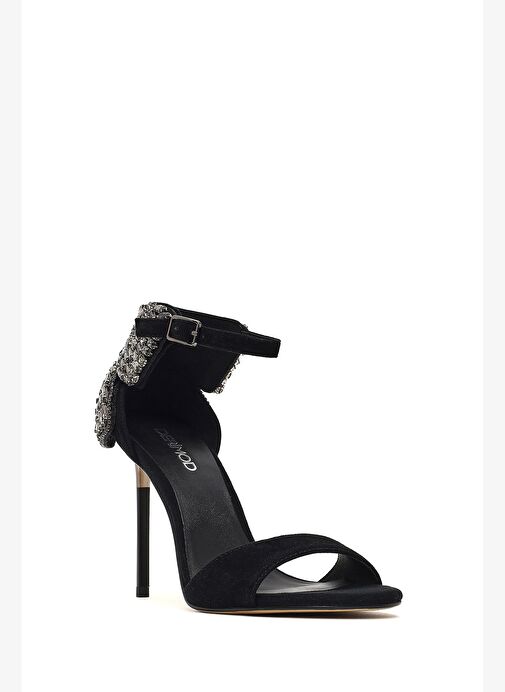 Kadın Siyah Bilekten Tokalı Taşlı Yüksek İnce Topuklu Süet Deri Ayakkabı 25WFD490810 - Görsel 9