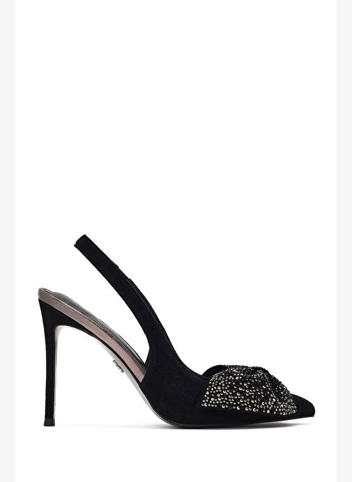 Kadın Siyah Arkası Açık Taşlı İnce Yüksek Topuklu Süet Deri Ayakkabı 25WFD490910 - Görsel 5