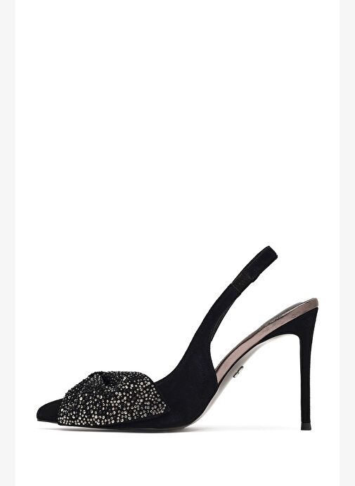 Kadın Siyah Arkası Açık Taşlı İnce Yüksek Topuklu Süet Deri Ayakkabı 25WFD490910 - Görsel 6