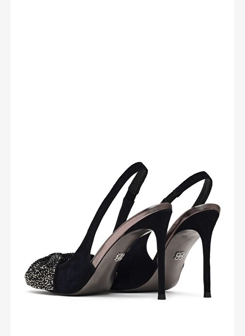 Kadın Siyah Arkası Açık Taşlı İnce Yüksek Topuklu Süet Deri Ayakkabı 25WFD490910 - Görsel 8