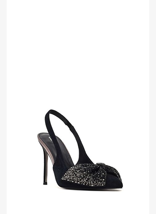 Kadın Siyah Arkası Açık Taşlı İnce Yüksek Topuklu Süet Deri Ayakkabı 25WFD490910 - Görsel 9