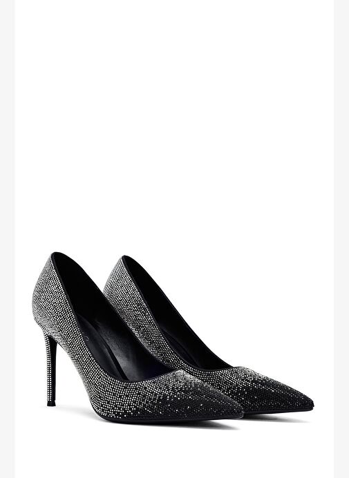 Kadın Siyah Taşlı İnce Topuklu Deri Stiletto 25WFD4910TS - Görsel 4