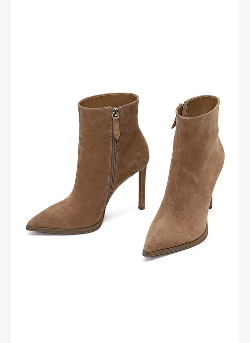 Kadın Bej Fermuarlı Yüksek İnce Topuklu Süet Deri Bot 25WFD491310 - Görsel 4