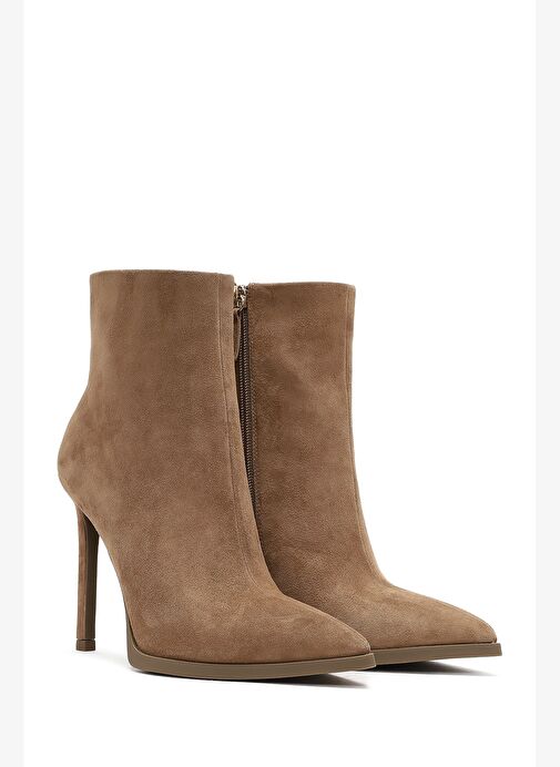 Kadın Bej Fermuarlı Yüksek İnce Topuklu Süet Deri Bot 25WFD491310 - Görsel 6