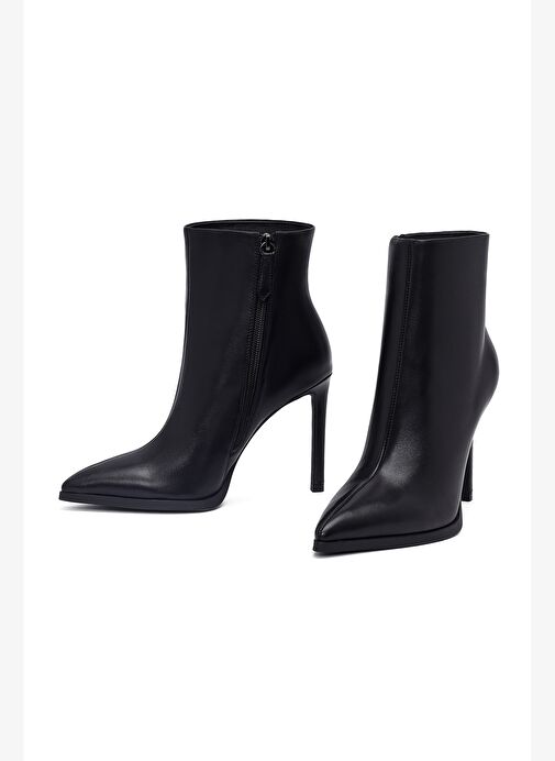 Kadın Siyah Fermuarlı Yüksek İnce Topuklu Deri Bot 25WFD491318 - Görsel 4
