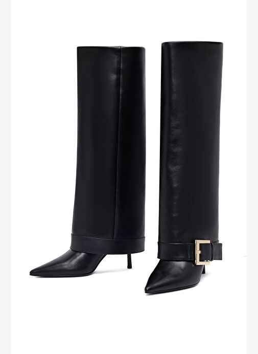 Kadın Siyah Tokalı İnce Topuklu Deri Çizme 25WFD491818 - Görsel 4