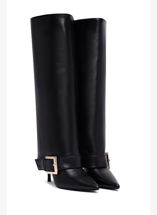 Kadın Siyah Tokalı İnce Topuklu Deri Çizme 25WFD491818 - Görsel 6