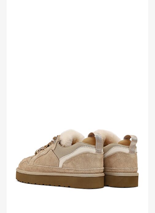 Kadın Bej Bağcıklı Kalın Tabanlı Tüylü Süet Deri Teddy Sneaker 25WFD492010 - Görsel 6