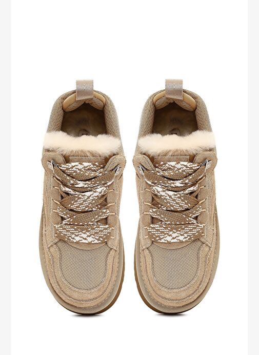 Kadın Bej Bağcıklı Kalın Tabanlı Tüylü Süet Deri Teddy Sneaker 25WFD492010 - Görsel 8