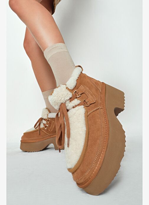 Kadın Camel Bağcıklı Kalın Tabanlı Kürklü Süet Deri Teddy Bot 25WFD492110 - Görsel 2