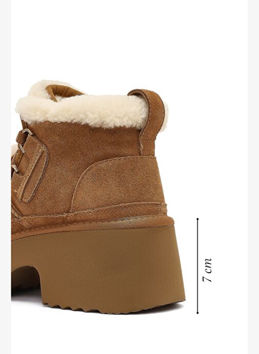 Kadın Camel Bağcıklı Kalın Tabanlı Kürklü Süet Deri Teddy Bot 25WFD492110 - Görsel 3