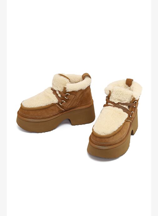 Kadın Camel Bağcıklı Kalın Tabanlı Kürklü Süet Deri Teddy Bot 25WFD492110 - Görsel 4