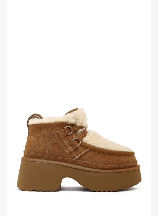 Kadın Camel Bağcıklı Kalın Tabanlı Kürklü Süet Deri Teddy Bot 25WFD492110 - Görsel 5