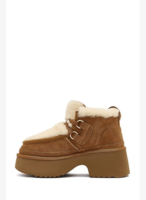 Kadın Camel Bağcıklı Kalın Tabanlı Kürklü Süet Deri Teddy Bot 25WFD492110 - Görsel 6