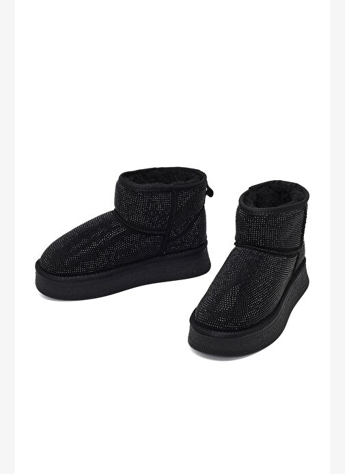 Kadın Siyah Kalın Tabanlı Taşlı Deri Teddy Bot 25WFD4922TS - Görsel 4