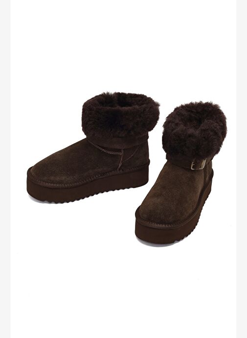 Kadın Kahverengi Kalın Tabanlı Kürk Detaylı Süet Deri Teddy Bot 25WFD492410 - Görsel 4