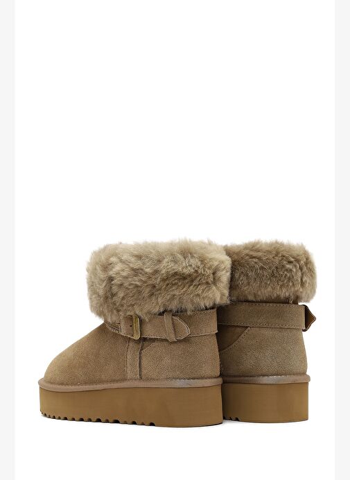 Kadın Bej Kalın Tabanlı Kürk Detaylı Süet Deri Teddy Bot 25WFD492410 - Görsel 8