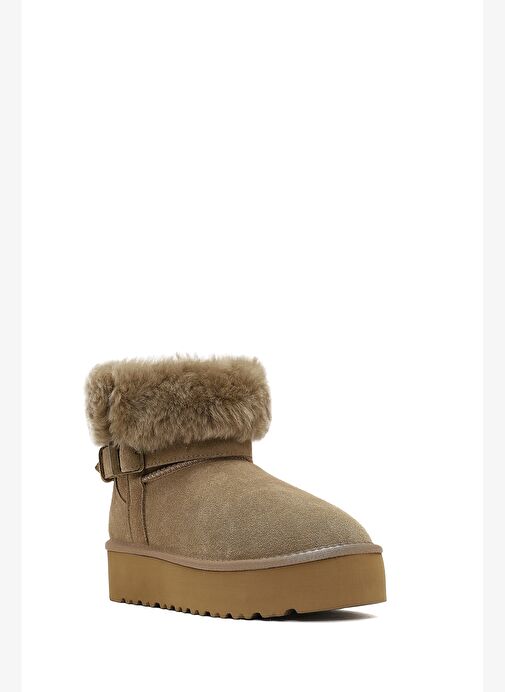 Kadın Bej Kalın Tabanlı Kürk Detaylı Süet Deri Teddy Bot 25WFD492410 - Görsel 9