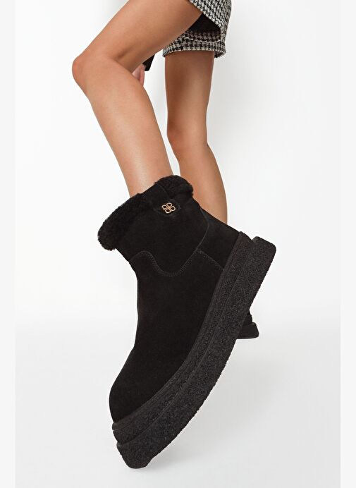 Kadın Siyah Fermuarlı Kalın Tabanlı Süet Deri Teddy Bot 25WFD492510 - Görsel 2