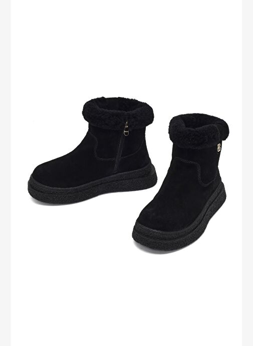 Kadın Siyah Fermuarlı Kalın Tabanlı Süet Deri Teddy Bot 25WFD492510 - Görsel 4