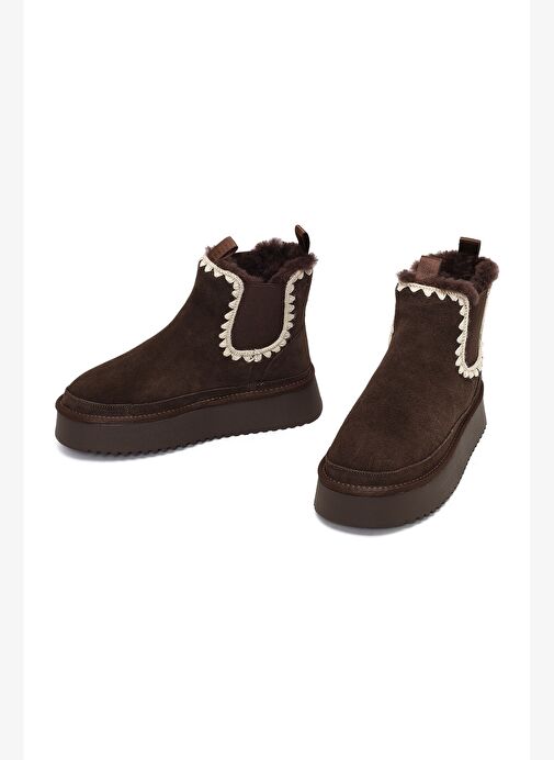 Kadın Kahverengi Kalın Tabanlı Desenli Süet Deri Teddy Bot 25WFD492610 - Görsel 4