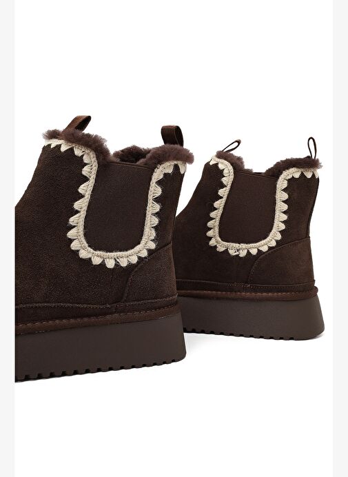 Kadın Kahverengi Kalın Tabanlı Desenli Süet Deri Teddy Bot 25WFD492610 - Görsel 9