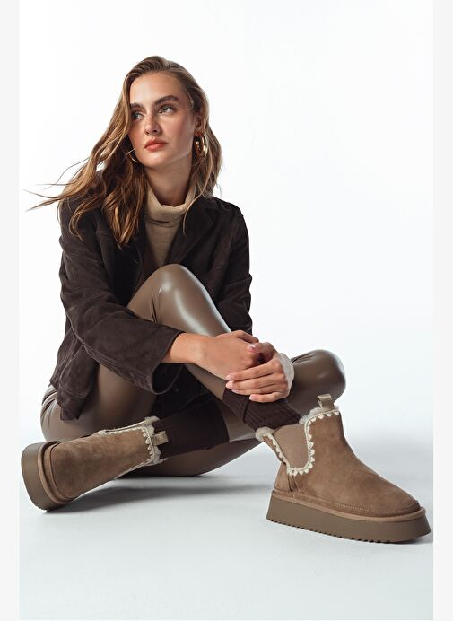 Kadın Vizon Kalın Tabanlı Desenli Süet Deri Teddy Bot 25WFD492610 - Görsel 2