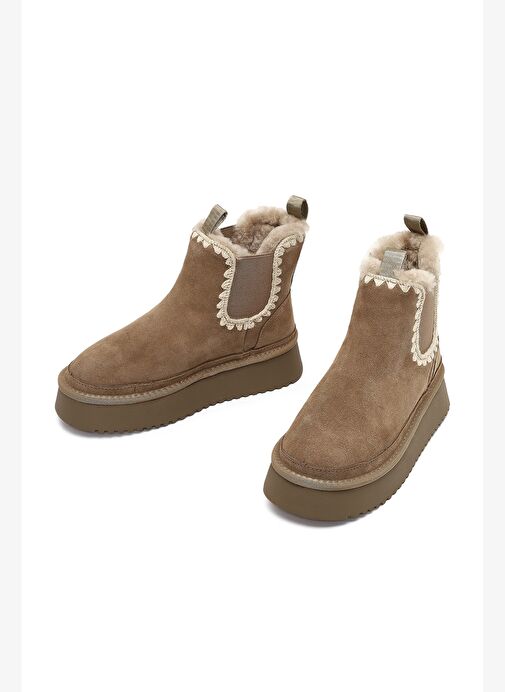 Kadın Vizon Kalın Tabanlı Desenli Süet Deri Teddy Bot 25WFD492610 - Görsel 4