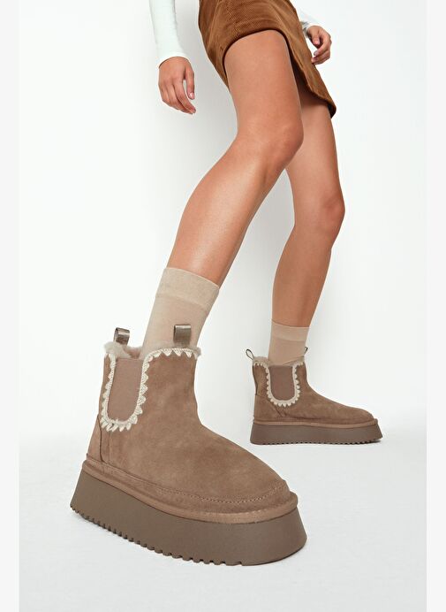 Kadın Vizon Kalın Tabanlı Desenli Süet Deri Teddy Bot 25WFD492610 - Görsel 5