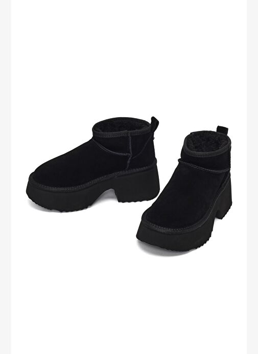 Kadın Siyah Kalın Tabanlı Süet Deri Teddy Bot 25WFD492910 - Görsel 4